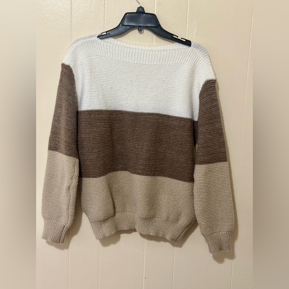SHEIN Striped Crewneck Sweater in White, Brown & Tan